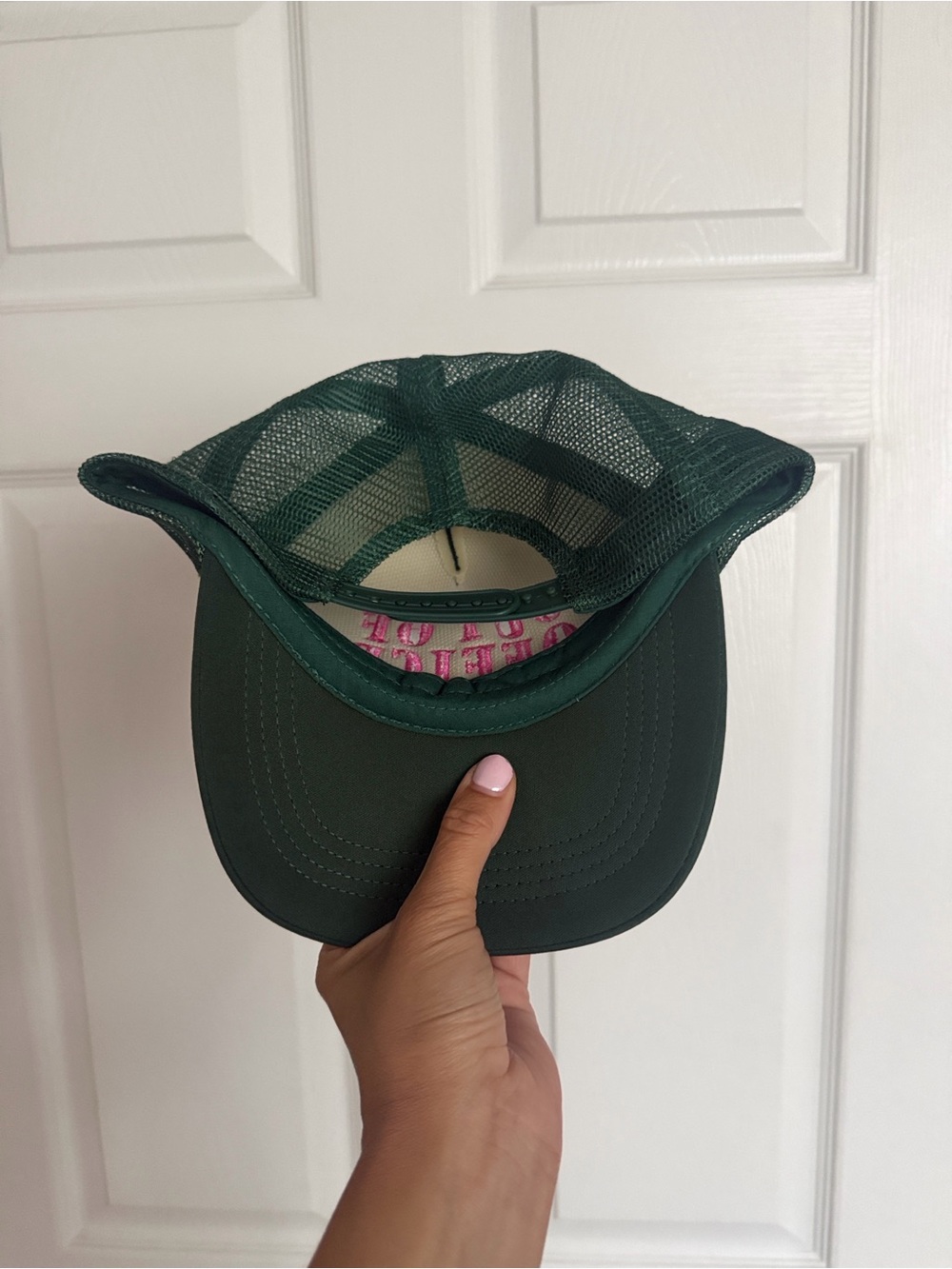 Dark Green Trucker Hat with Pink "OUT OF OFFICE" Embroidery - Picture 3 of 3